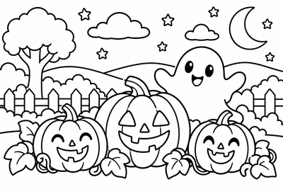Desenho para colorir: Abóboras e fantasminha