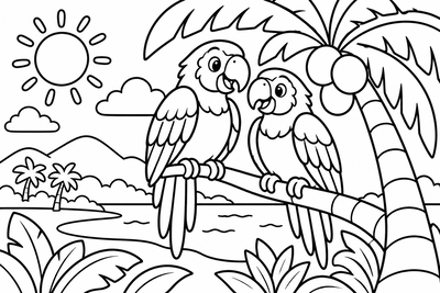 Desenho para colorir: Casal de araras na palmeira