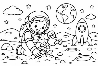 Desenho para colorir: Astronauta plantando flor na lua
