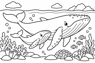 Desenho para colorir: Baleia jubarte e o filhote