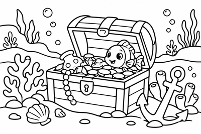 Desenho para colorir: Baú do tesouro no mar