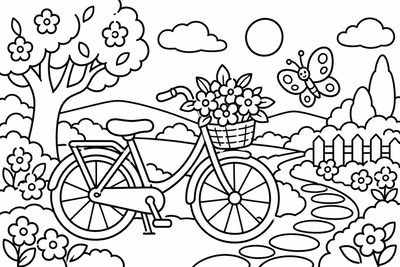Desenho para colorir: Bicicleta com cesta de flores