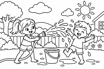 Desenho para colorir: Brincando com mangueira