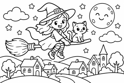 Desenho para colorir: Bruxinha na vassoura