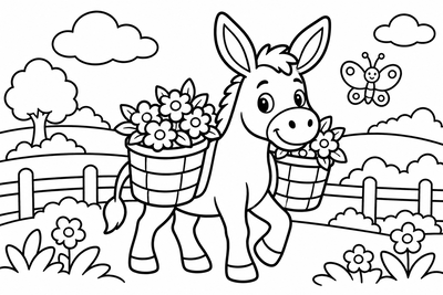 Desenho para colorir: Burrinho com cesto de flores