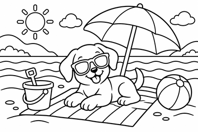Desenho para colorir: Cachorrinho na praia