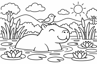 Desenho para colorir: Capivara na lagoa
