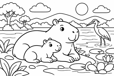 Desenho para colorir: Capivara papai e filhote