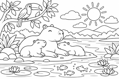 Desenho para colorir: Capivaras no rio