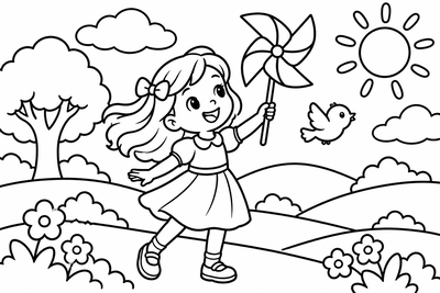 Desenho para colorir: Cata-vento na colina