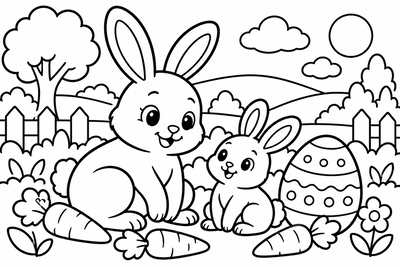 Desenho para colorir: Coelhinhos e cenouras