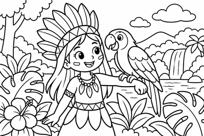 Desenho para colorir: Criança indígena e a arara