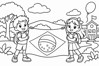 Desenho para colorir: Crianças com a bandeira