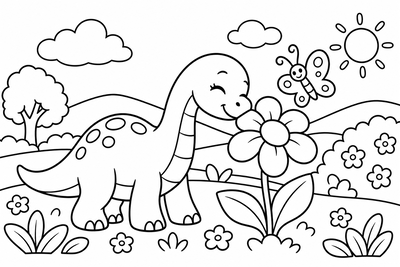 Desenho para colorir: Dinossauro cheirando flores