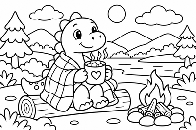 Desenho para colorir: Dinossauro tomando chocolate quente