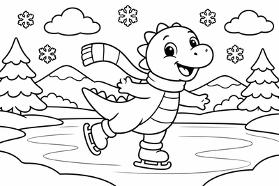 Desenho para colorir: Dinossauro patinando no gelo