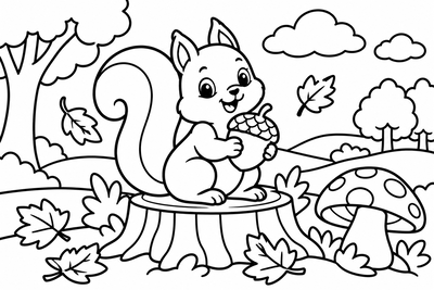 Desenho para colorir: Esquilo nas folhas de outono