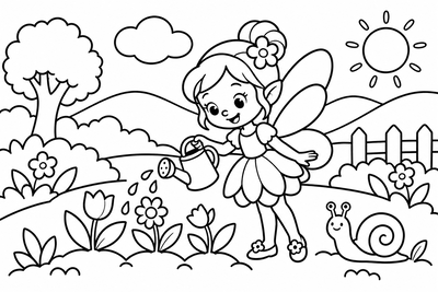 Desenho para colorir: Fada regando as flores