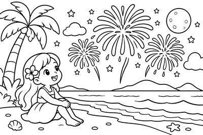 Desenho para colorir: Fogos de Ano Novo na praia