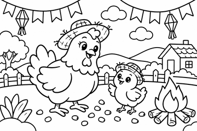 Desenho para colorir: Galinha na festa junina