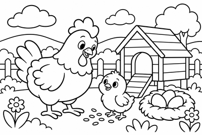 Desenho para colorir: Galinha e pintinho