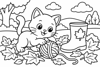 Desenho para colorir: Gatinho nas folhas secas