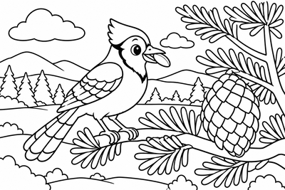 Desenho para colorir: Gralha-azul e o pinhão