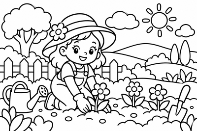Desenho para colorir: Jardineira plantando flores