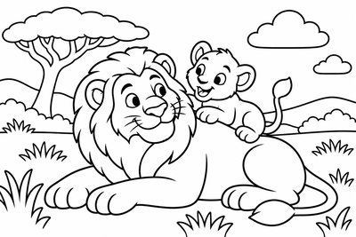 Desenho para colorir: Leão papai e filhote