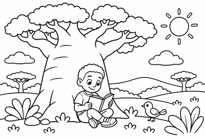 Desenho para colorir: Leitura embaixo do baobá