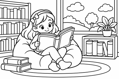 Desenho para colorir: Lendo na biblioteca
