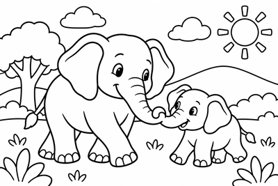 Desenho para colorir: Mamãe elefante e filhote