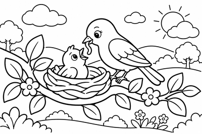 Desenho para colorir: Mamãe passarinho no ninho