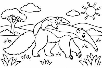 Desenho para colorir: Mamãe tamanduá e filhote