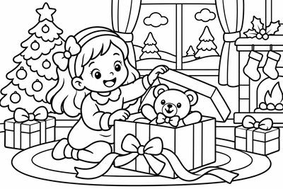 Desenho para colorir: Menina abrindo presente