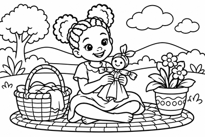 Desenho para colorir: Menina com boneca abayomi