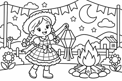 Desenho para colorir: Menina com lanterna junina