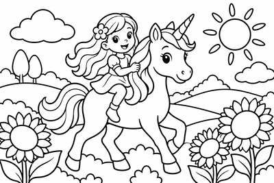 Desenho para colorir: Menina e unicórnio