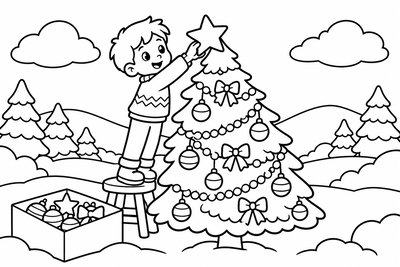 Desenho para colorir: Menino enfeitando a árvore