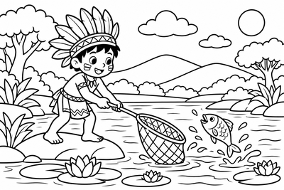 Desenho para colorir: Menino indígena pescando no rio