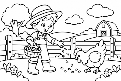 Desenho para colorir: Dando milho para a galinha