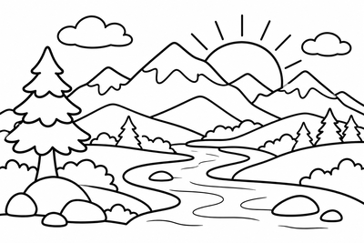 Desenho para colorir: Montanha e rio