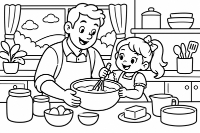 Desenho para colorir: Pai e filha fazendo bolo