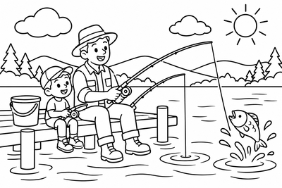 Desenho para colorir: Pai e filho pescando