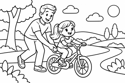 Desenho para colorir: Papai ensinando a andar de bicicleta