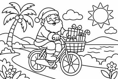 Desenho para colorir: Papai Noel de bicicleta