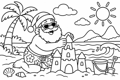 Desenho para colorir: Papai Noel na praia