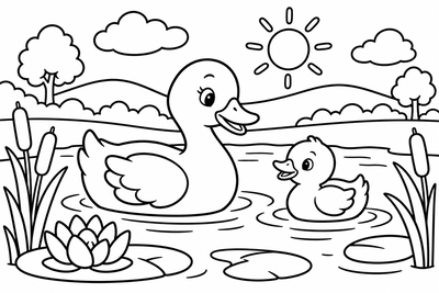 Desenho para colorir: Patinhos no lago
