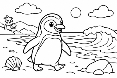 Desenho para colorir: Pinguim na praia no inverno