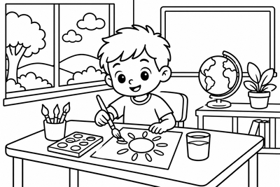 Desenho para colorir: Pintando na sala de aula